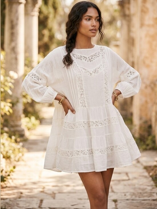 Amaryllis Dresses & Skirts - AMARYLLIS X HEY NASREEN White Cotton Eyelet Lace Boho Mini Dress BabyDoll M
